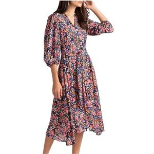 Shoshanna Santana Floral Printed Puff-Sleeve Midi Dress Sash Bow Belt V-Neck S
